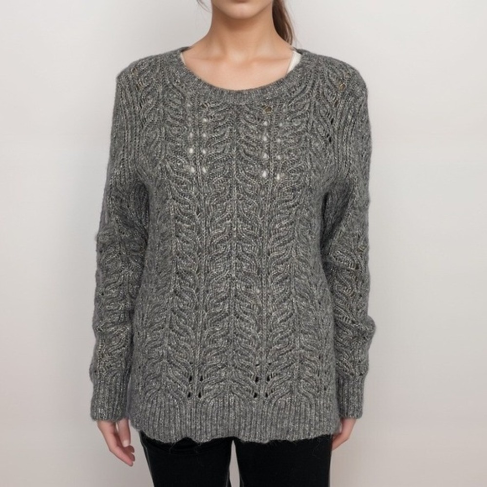 Banana Republic Knit Sweater Sz M Metallic Grey‎ Cable Fisherman Wool Alpaca